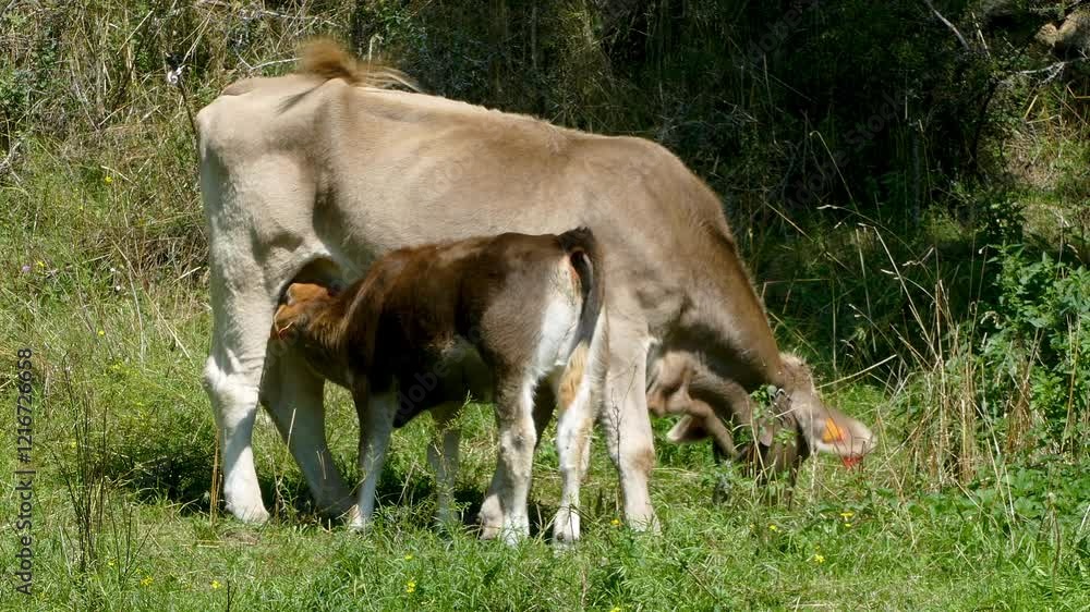 Calf suckling from its mother's udder.
Nice calf looking for the best position to feed while its mother eats grass from the meadow. Calf suckling from its mother's udder.
Nice calf looking for the best position to feed while its mother eats grass from the meadow.
