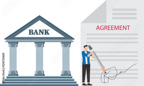 Loan agreement, proof of debt payment obligations, legal money credit or borrowing document with signature, businessman signing signature on obligation banking document to make agreement