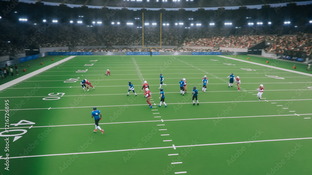 Obraz premium Aerial Shot with American Football Players Facing Each Other On the Field. Athletes Making Passes, Advancing to Score Point. Excited Supporters Watching the Match