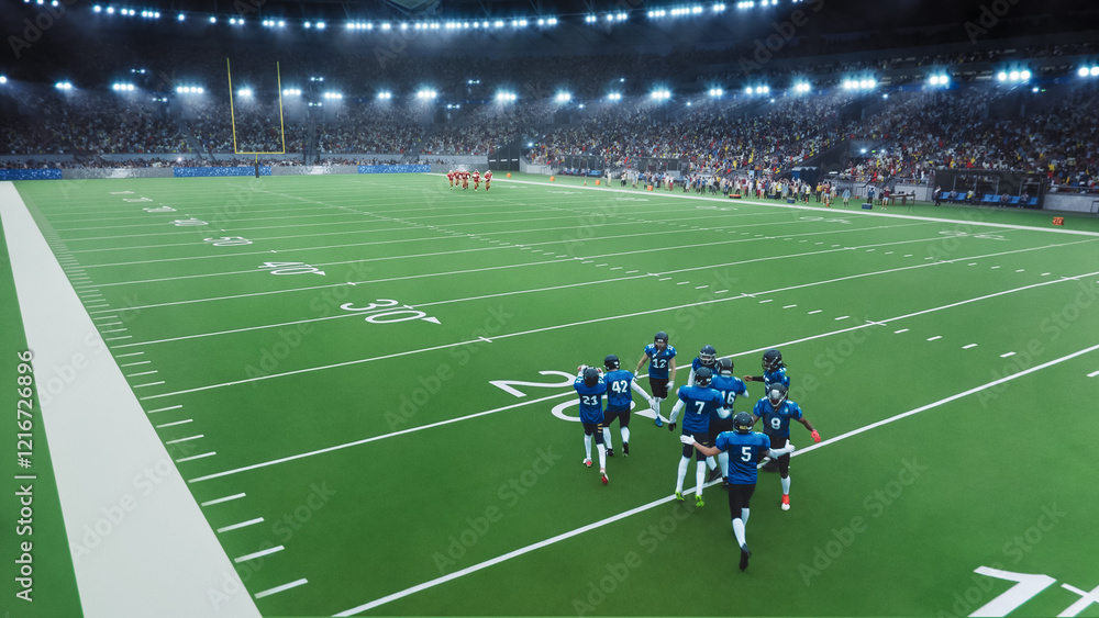 Fototapeta premium Aerial Shot with Gridiron Football Team Entering the Crowded Arena with Cheering Spectators, Hyped and Ready for Battle. Male Athletes in Red and Blue Jerseys Compete in a Stadium at Night
