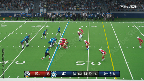 American Football TV Broadcast Screen Shot with Score Bug. Two Teams Playing in a Tournament. Teams Tackle the Ball, Throw and Score Runs During a Championship Match. Screen Replacement Mock Up photo