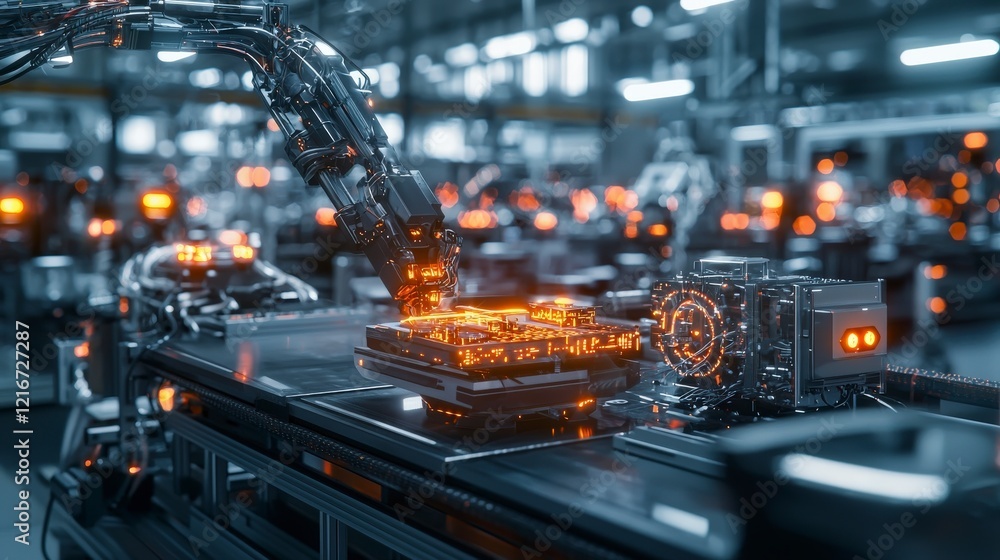 Naklejka premium Advanced automated manufacturing process utilizing glowing technologies in an industrial setting futuristic environment