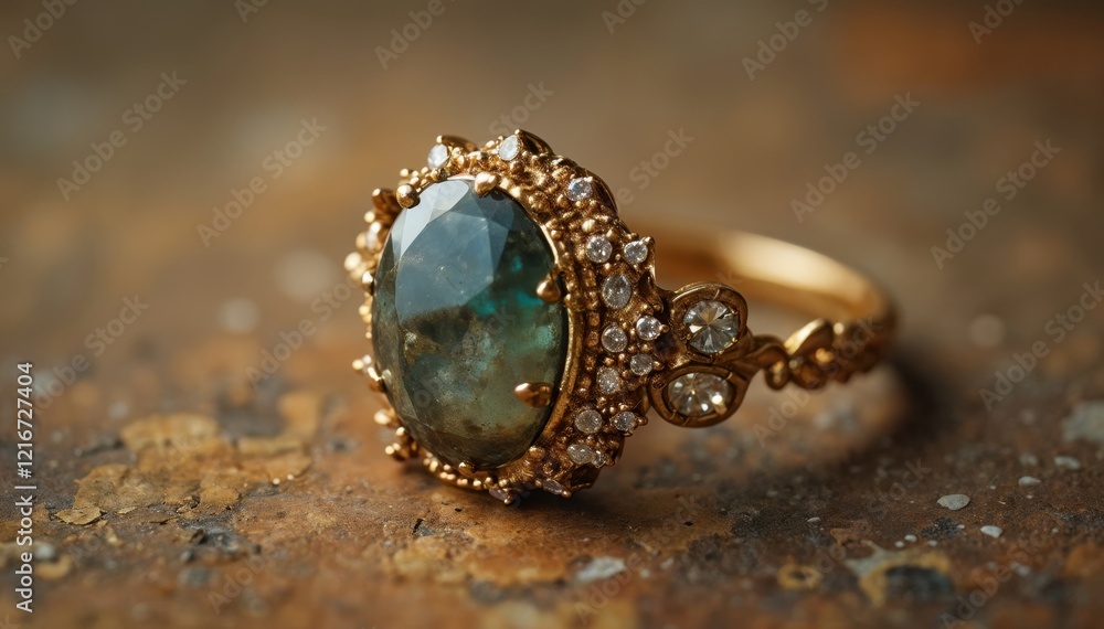 An antique ring with an emerald on a gold band resting on a stone An antique ring with an emerald on a gold band resting on a stone
