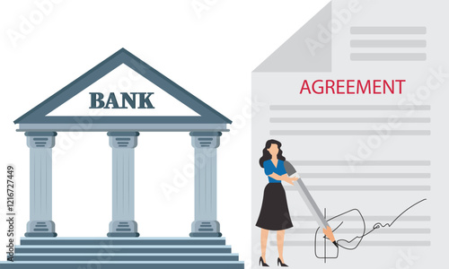 Loan agreement, proof of debt payment obligations, legal money credit or borrowing document with signature, businesswoman signing signature on obligation banking document to make agreement