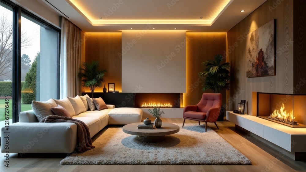Modern Living Room Interior Design with Cozy Fireplace and Abundant Natural Light Modern Living Room Interior Design with Cozy Fireplace and Abundant Natural Light