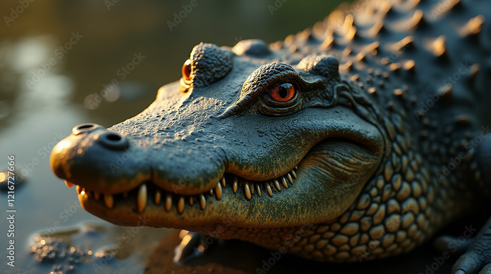 Fototapeta premium Macro Shot of a Crocodile Head: Wild Beauty in a River