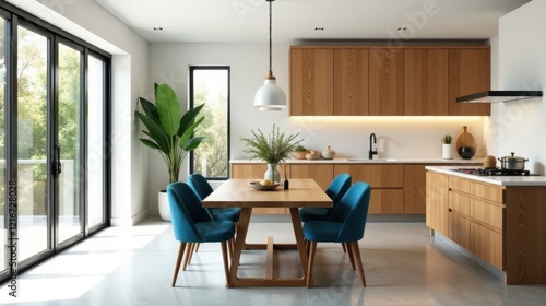 Modern kitchen and dining area with light wood cabinetry and teal chairs