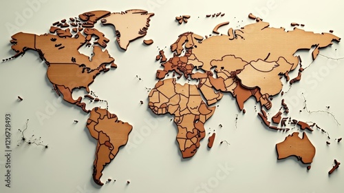 A detailed three-dimensional relief world map crafted from wood, showcasing the continents and their constituent countries in a rich, warm tone.
