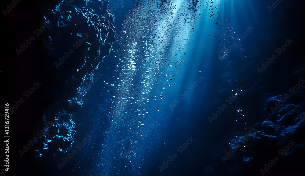 Fototapeta premium Stunning Cosmic Underwater Scene with Light Beams Shining Through Deep Blue Ocean Depths, Surrounded by Sparkling Particles and Mysterious Rock Formations – Perfect for Abstract Nature-Themed Projects