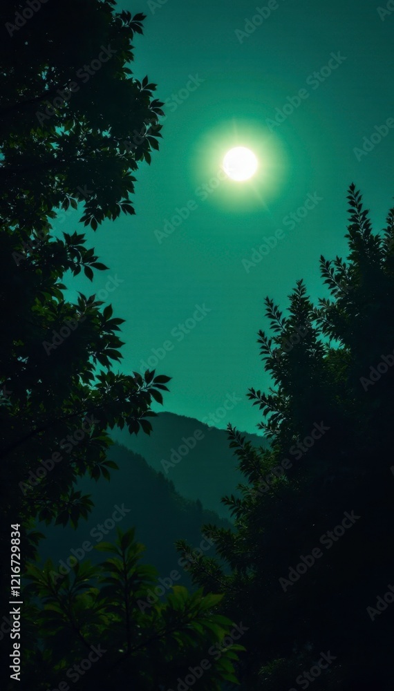 Fototapeta premium Dense foliage silhouetted against a moonlit sky, green, night, darkness