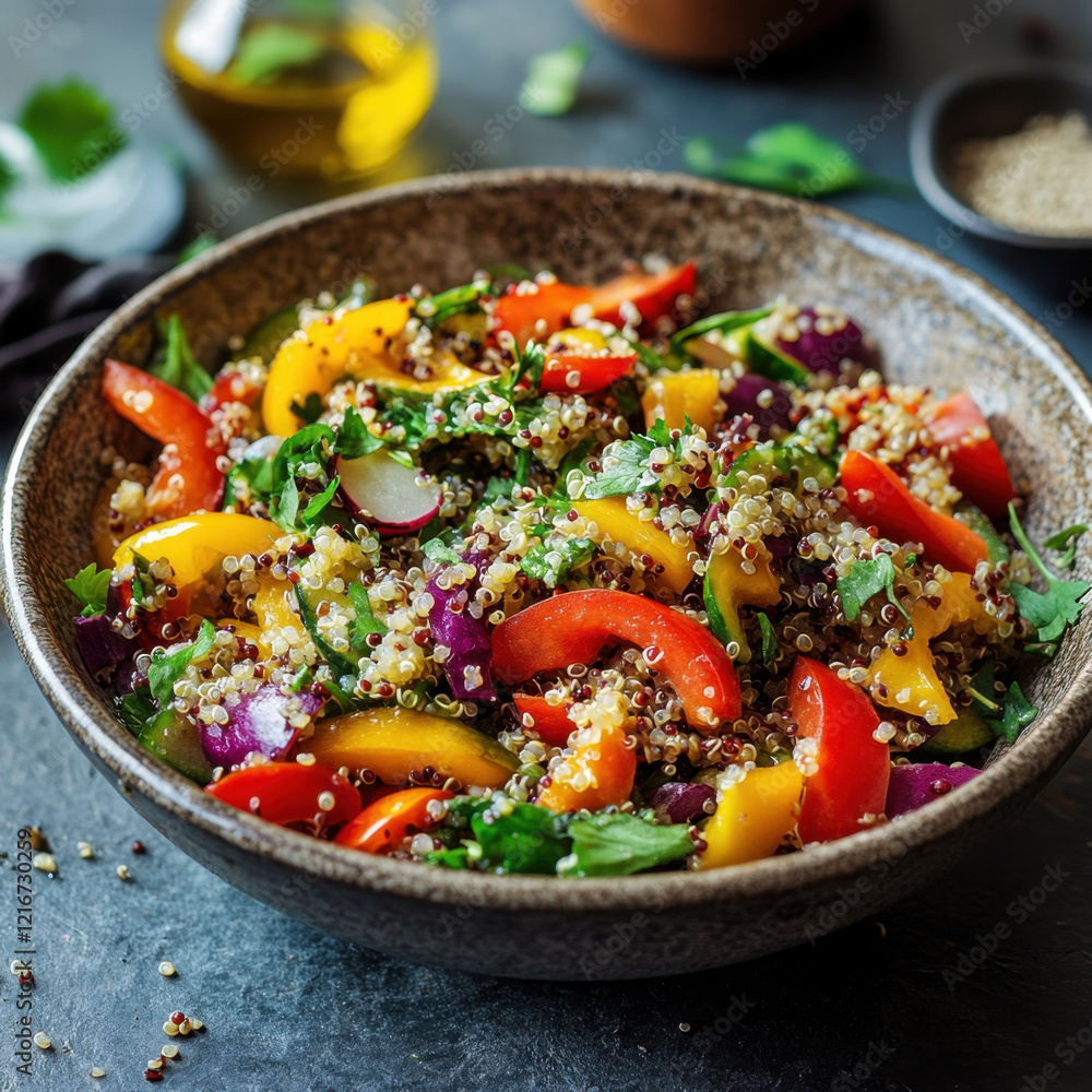 A vibrant quinoa salad featuring red and yellow bell peppers, radishes, and fresh greens. Lightly dressed with olive oil and garnished with herbs, this nutritious dish is perfect for a healthy meal. A vibrant quinoa salad featuring red and yellow bell peppers, radishes, and fresh greens. Lightly dressed with olive oil and garnished with herbs, this nutritious dish is perfect for a healthy meal.