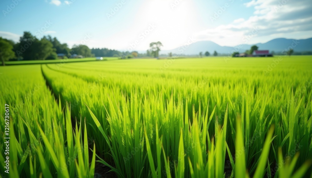Fototapeta premium Serene Green Rice Paddy: A Vibrant Pastoral Scene