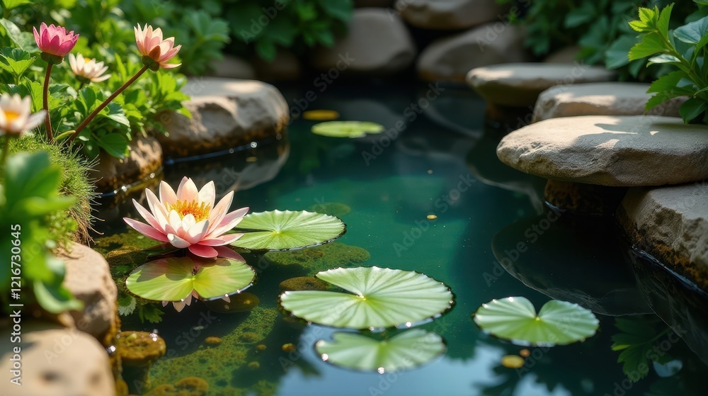 Serene Water Garden with Blooming Pink Water Lily and Lush Greenery Serene Water Garden with Blooming Pink Water Lily and Lush Greenery