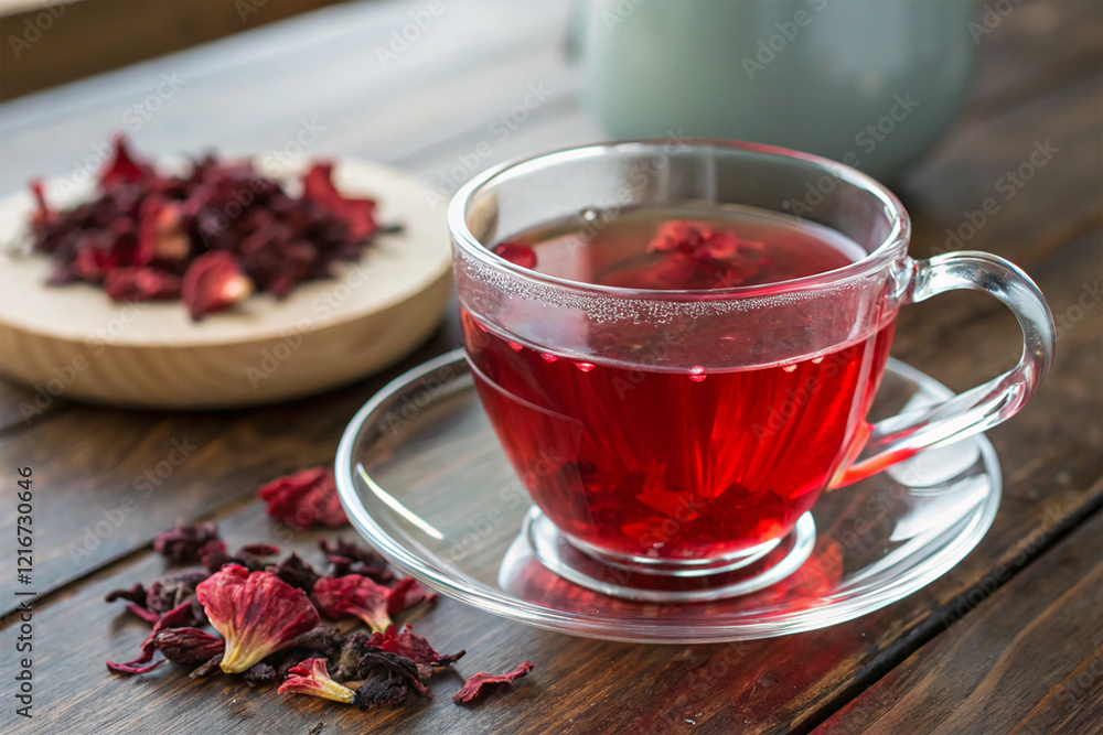 Hibiscus tea in a clear glass teacup Hibiscus tea in a clear glass teacup