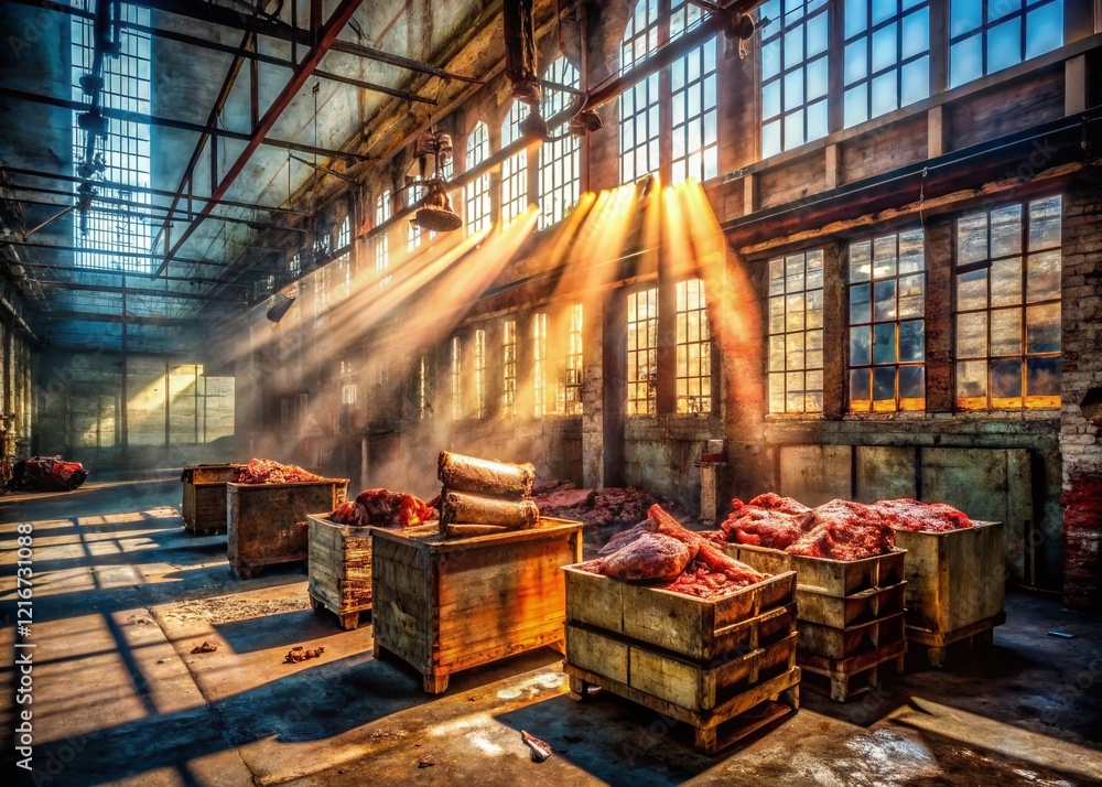 Abandoned Meatpacking Plant - Urban Exploration Photography: Rusty Machinery & Stacked Crates of Different Meats Abandoned Meatpacking Plant - Urban Exploration Photography: Rusty Machinery & Stacked Crates of Different Meats