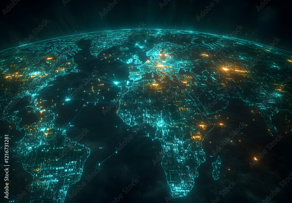 Obraz premium Futuristic Digital World Map with Glowing Lines and Connected Network Nodes, Symbolizing Global Communication, Technology, Data Sharing, and Connectivity Across Continents in a Blue Abstract Theme