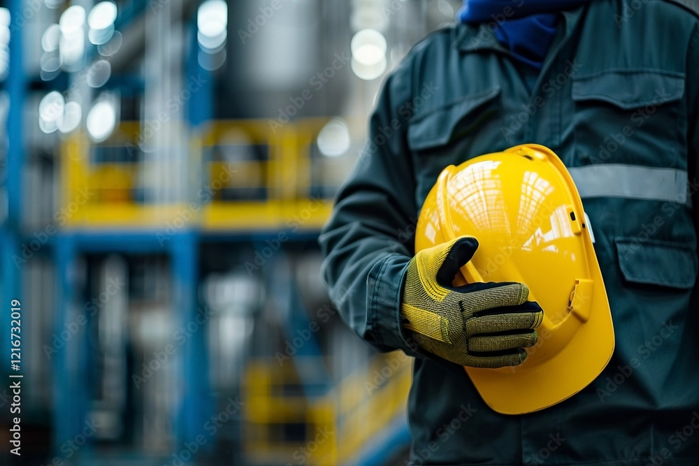 Industrial worker holding safety helmet in factory setting with white gloves Industrial worker holding safety helmet in factory setting with white gloves