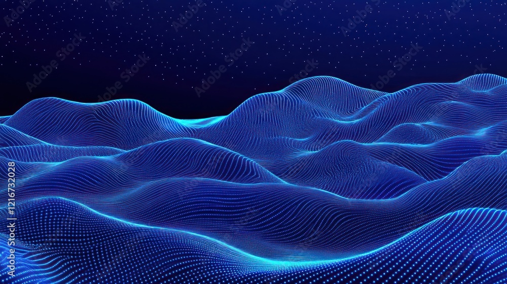 Obraz premium Abstract Blue Digital Waves Glowing Points Dark Background