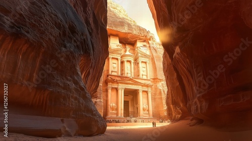 Great ancient temple between the rocks, people walking in front of it photo