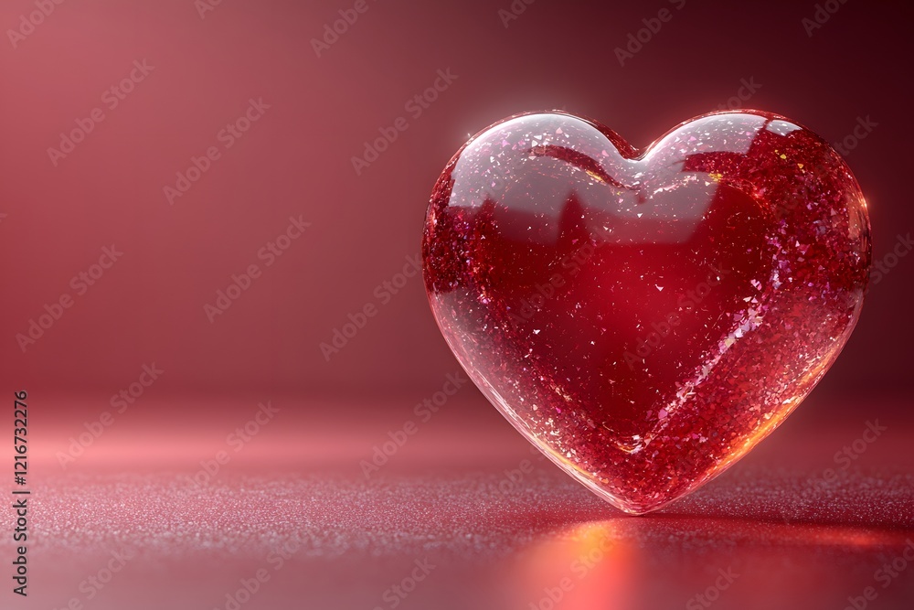 Glittering Glass Heart on Red Background for Valentine's Day Decor and Design Glittering Glass Heart on Red Background for Valentine's Day Decor and Design