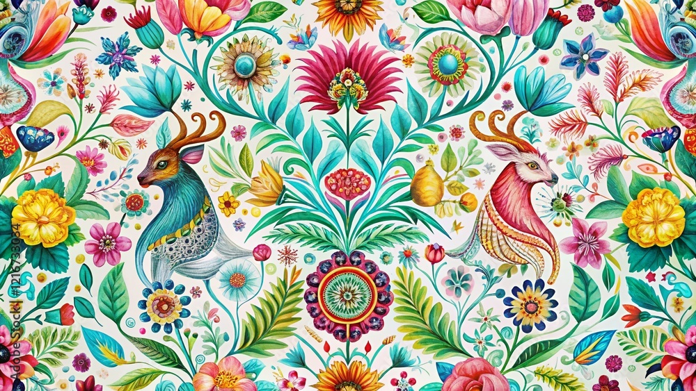 Abstract Animal & Floral Pattern on White Background - Decorative Design Abstract Animal & Floral Pattern on White Background - Decorative Design