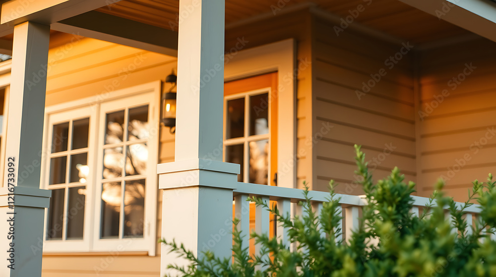 Fototapeta premium Charming House Exterior: Warm Sunlight on a Rustic Porch. Discover the inviting design and classic architecture of this beautiful home. Perfect for real estate and home design inspiration.