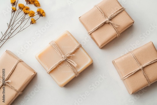 Chic Zero-Waste Soap Display Minimalist Kraft Paper and Twine Packaging with Dried Flowers - Elevate Eco-Conscious Branding and Home Craft Business Marketing photo