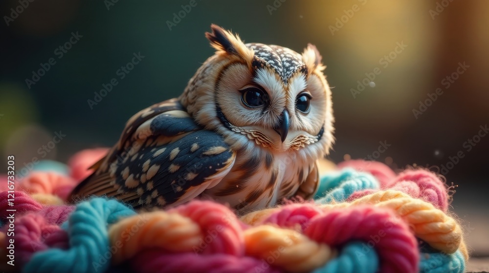 A serene young owl nestled in a vibrant multicolored yarn creation, bathed in the soft glow of sunlight A serene young owl nestled in a vibrant multicolored yarn creation, bathed in the soft glow of sunlight
