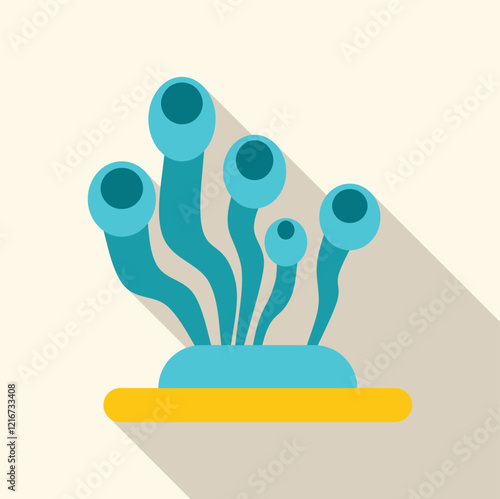 Wavy blue tentacles with eye like tips growing from a light blue base on a yellow surface, casting a long shadow