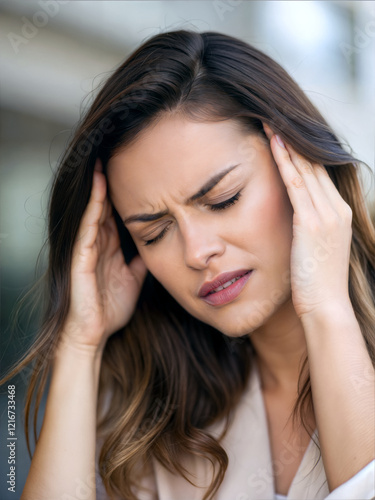 Obraz na płótnie Pretty young woman having bad headache, holding her head, people background, felling unwell w salonie
