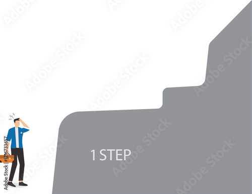 First step is always the hardest, first step is difficult to take, hesitation to initiate an action, hardest thing in life is always taking the first step, struggling businessman takes the first step