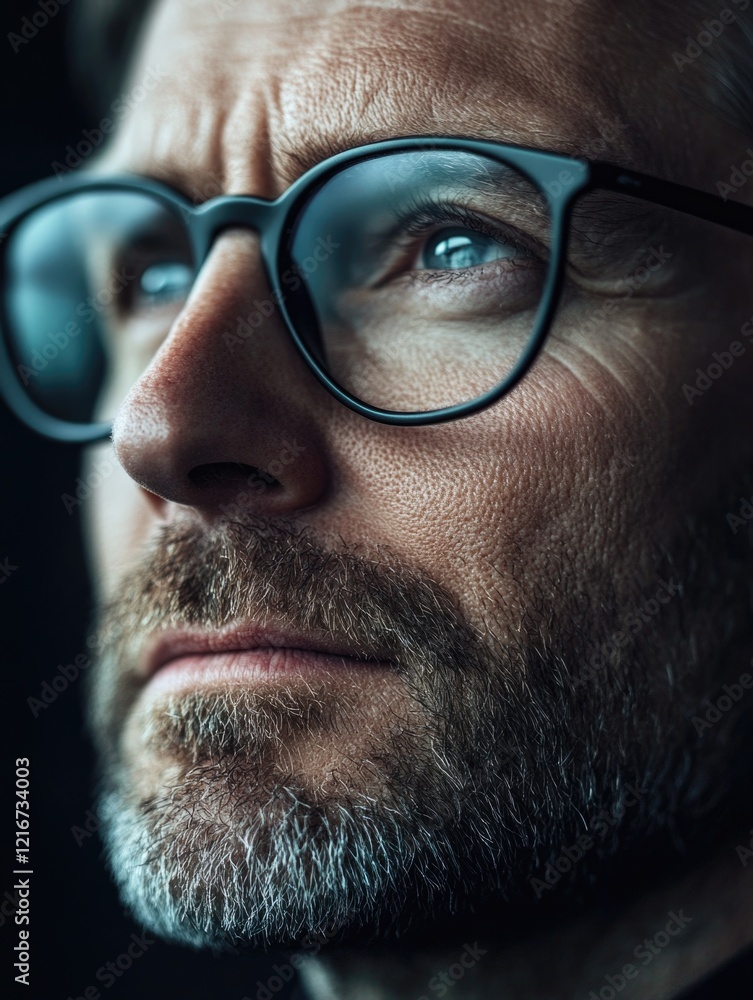 A man with glasses looking at the camera. The man has a beard and is wearing glasses. The image has a serious and focused mood A man with glasses looking at the camera. The man has a beard and is wearing glasses. The image has a serious and focused mood