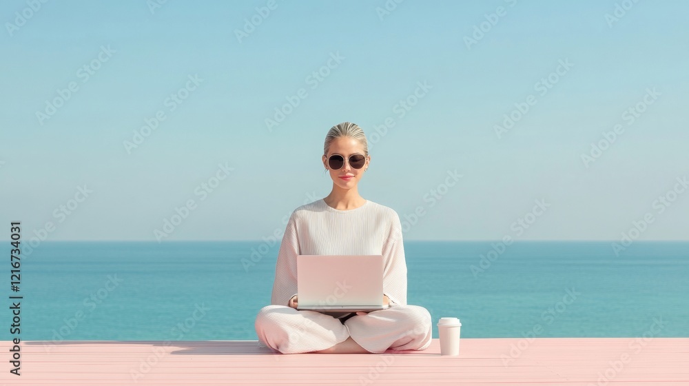 Fototapeta premium Coastal Tech Retreat Young Woman on Wooden Deck with Laptop and Coffee Cup by Sunny Ocean - Remote Work Lifestyle and Flexible Travel Solutions for Entrepreneurs