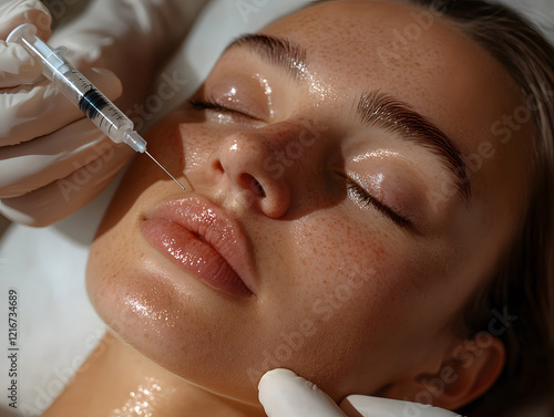 Young woman gets beauty facial injections in salon. Injections of fillers into the face