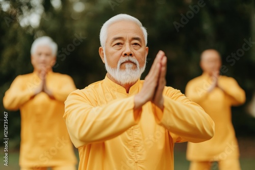 Serene Sunrise Tai Chi Elders in Adaptive Yellow Sportswear - Inclusive Fashion Trends in Senior Wellness and Outdoor Mindfulness photo