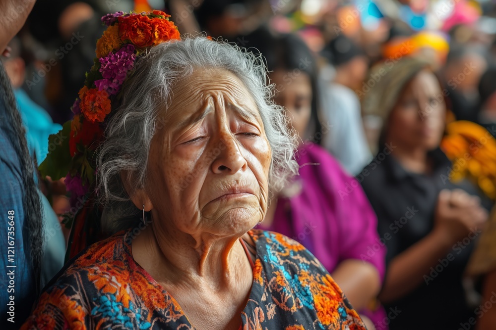 Fototapeta premium A Latino elderly woman appears faint during a festive gathering filled with colorful decorations and people. The atmosphere is lively, yet she shows signs of distress in the midst of the crowd