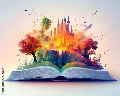 Tale book magic kingdom on white background. A magical, open book reveals a vibrant castle landscape filled with colorful trees, birds, and a whimsical atmosphere.