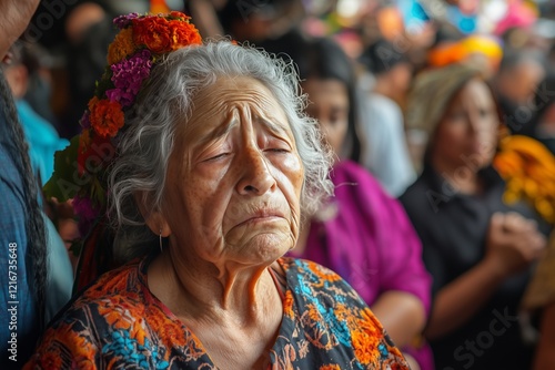 A Latino elderly woman appears faint during a festive gathering filled with colorful decorations and people. The atmosphere is lively, yet she shows signs of distress in the midst of the crowd photo