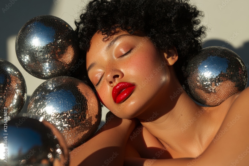 Fototapeta premium Reflective Chrome Beauty Portrait Multiracial Woman with Curly Hair in Emotional Pose - Luxury Lifestyle Imagery for Premium Fashion and Design Marketing