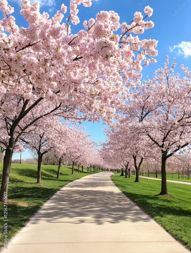 Cherry Blossom Path Spring Walkway - Picturesque path lined with vibrant pink cherry blossom trees under a bright blue sky. Perfect for spring themes. Cherry Blossom Path Spring Walkway - Picturesque path lined with vibrant pink cherry blossom trees under a bright blue sky. Perfect for spring themes.
