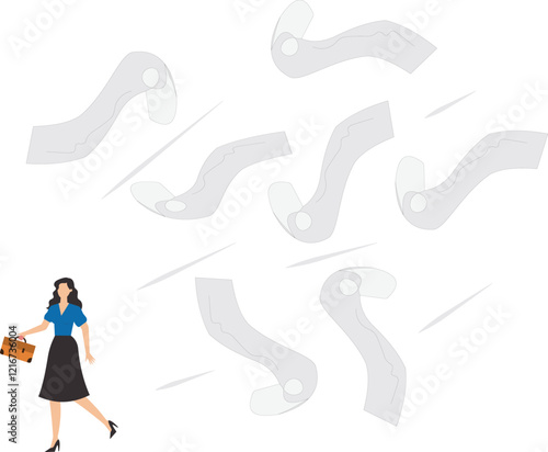 Overwhelmed with completing the excessive workload, stressed and tired from business problem and trouble, burnout and depression , confused and fearful businesswoman runaway from chasing paperwork