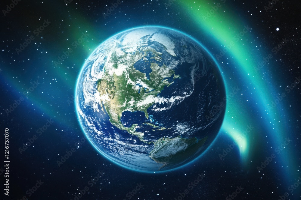 Stunning view of Earth illuminated by auroras in deep space at night Stunning view of Earth illuminated by auroras in deep space at night