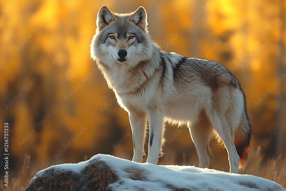Fototapeta premium Grey wolf standing on rock in snowy autumn forest.