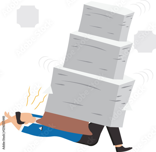 Heavy workload with fatigue businessman buried under pile of paper or unfinished work near deadline, overwork make employee exhausted and stressed leads to depression, burnout and low efficiency