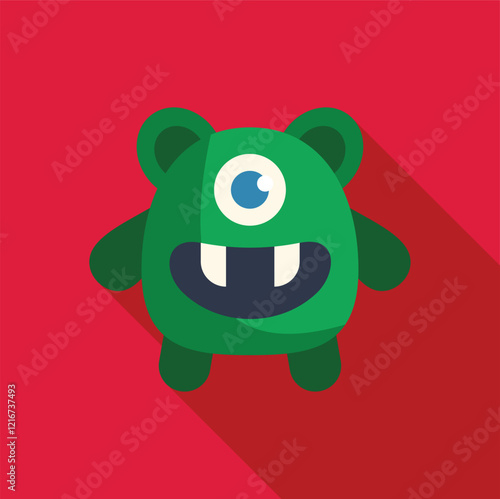 Cartoon illustration of a one eyed green smiling monster with two teeth, isolated on a red background with long shadow