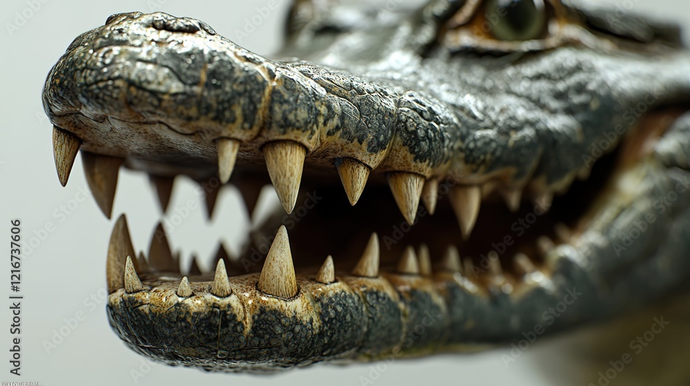 Obraz premium A close-up of the head and jaw of an alligator, focusing on its teeth and scales, against a white background. 