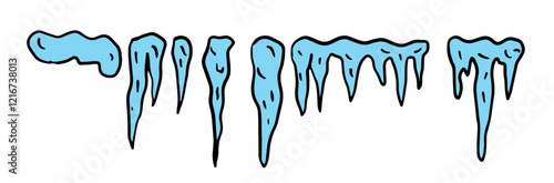 blue icicles illustrated doodle style. various shapes of frozen, icy water icicles on white background. Depicting hanging ice stalactites, these elements perfectly capture the essence of winter.