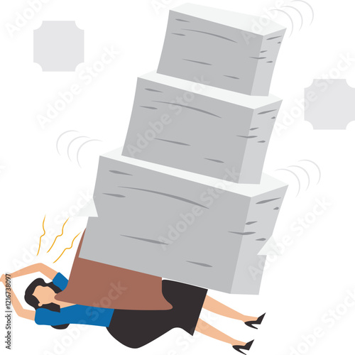 Heavy workload with fatigue businesswoman buried under pile of paper or unfinished work near deadline, overwork make employee exhausted and stressed leads to depression, burnout and low efficiency