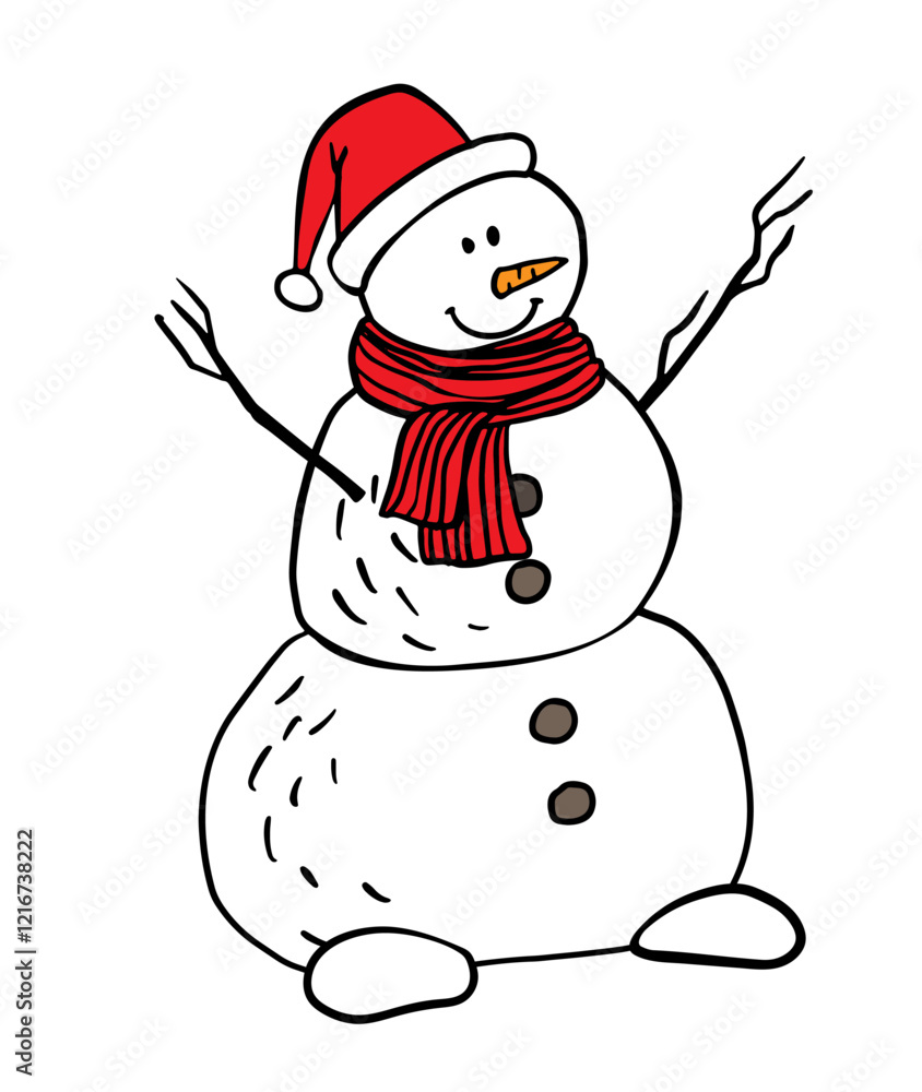 Cute illustration of a snowman in doodle style, he is wearing knitted red hat, scarf. Flat vector character isolated white background for New Year card, print, brochures, poster design Cute illustration of a snowman in doodle style, he is wearing knitted red hat, scarf. Flat vector character isolated white background for New Year card, print, brochures, poster design