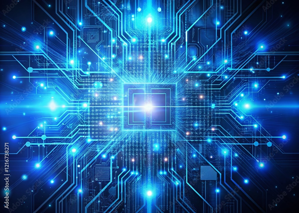 Obraz premium Abstract Blue Technology Background: Circuit Structure, Mesh Particles, Business Concept